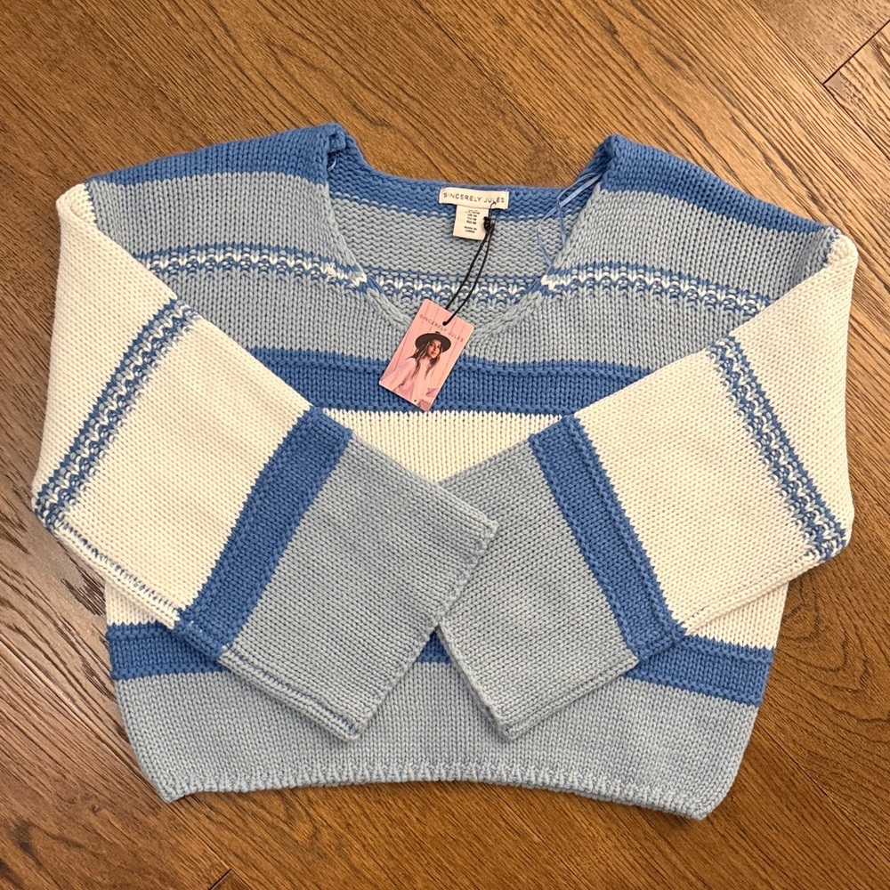 Sincerely Jules Blue and White V-Neck Sweater